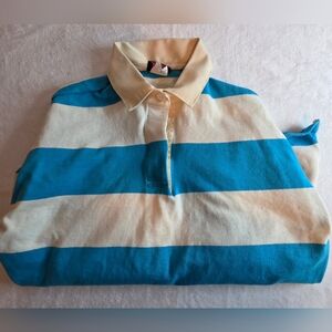 Vintage Women's Par Four Sportswear Striped Rugby Shirt USA Made Large Blue Whit